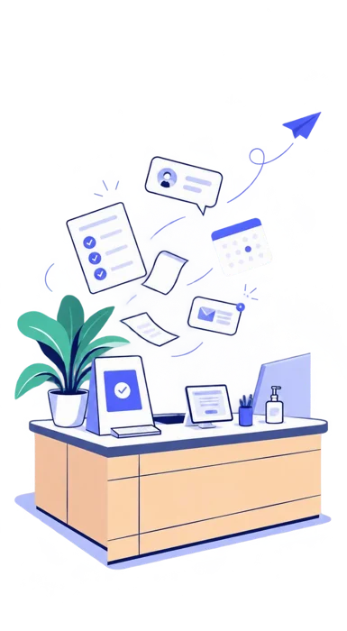 Illustration of a clinic front desk surrounded by digital healthcare messages