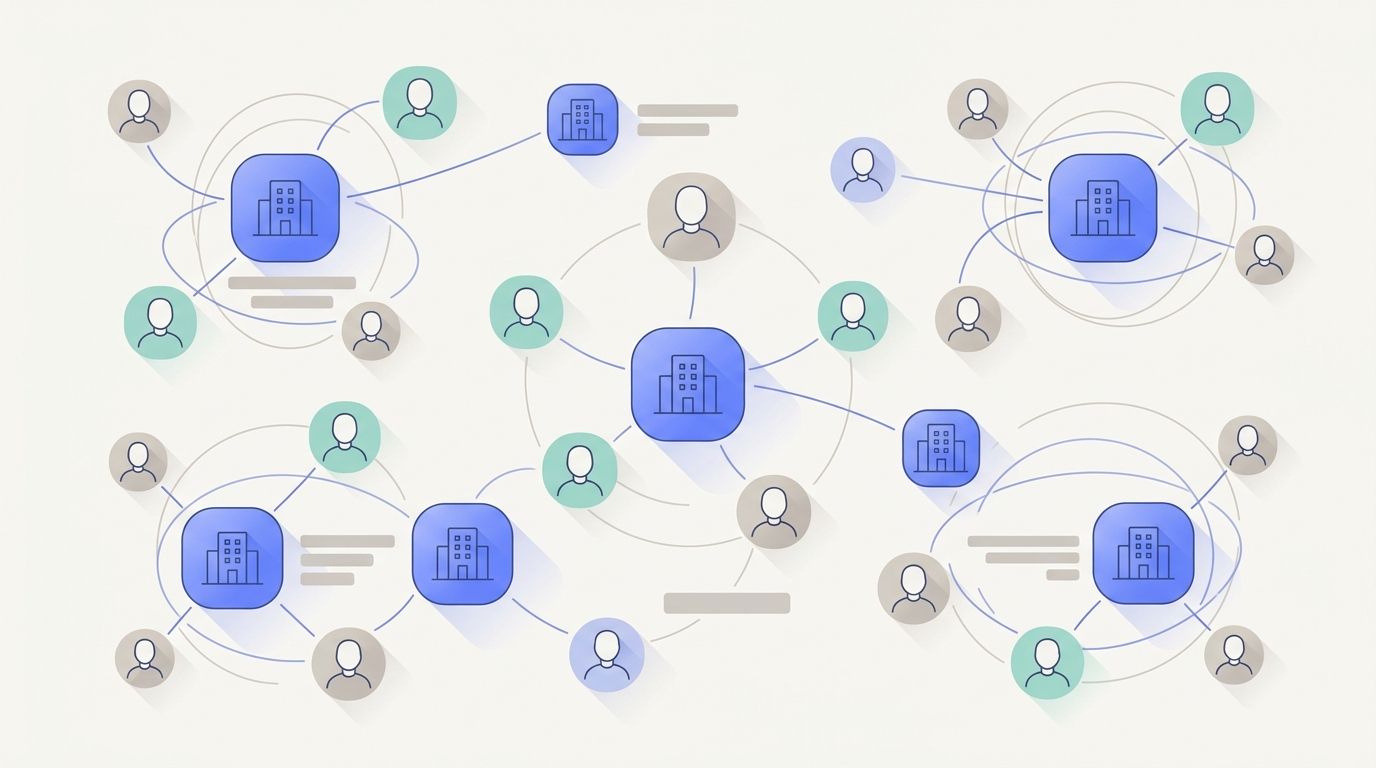 Clinics and patients linked in a wider network, illustrating records and referrals moving between practices