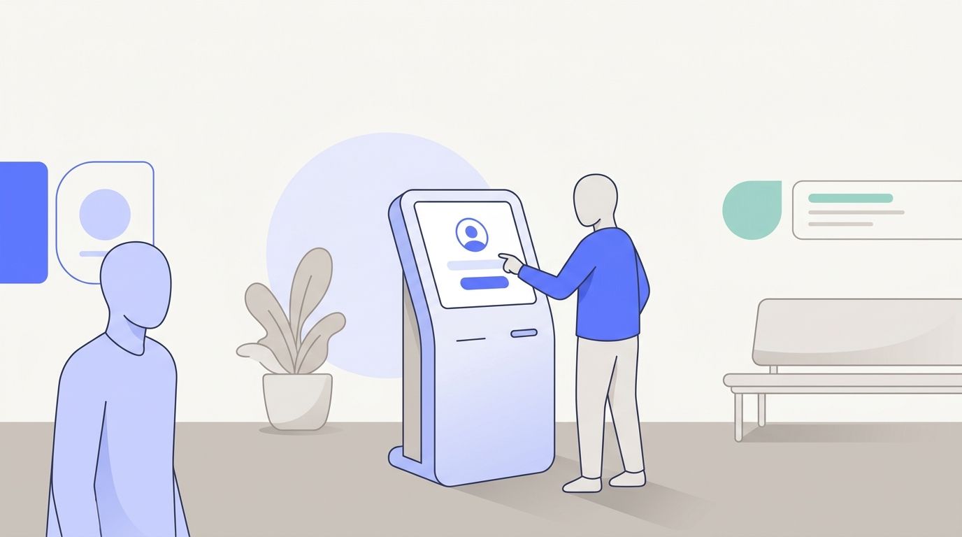 A patient checking in at a self-serve kiosk in a clinic waiting room